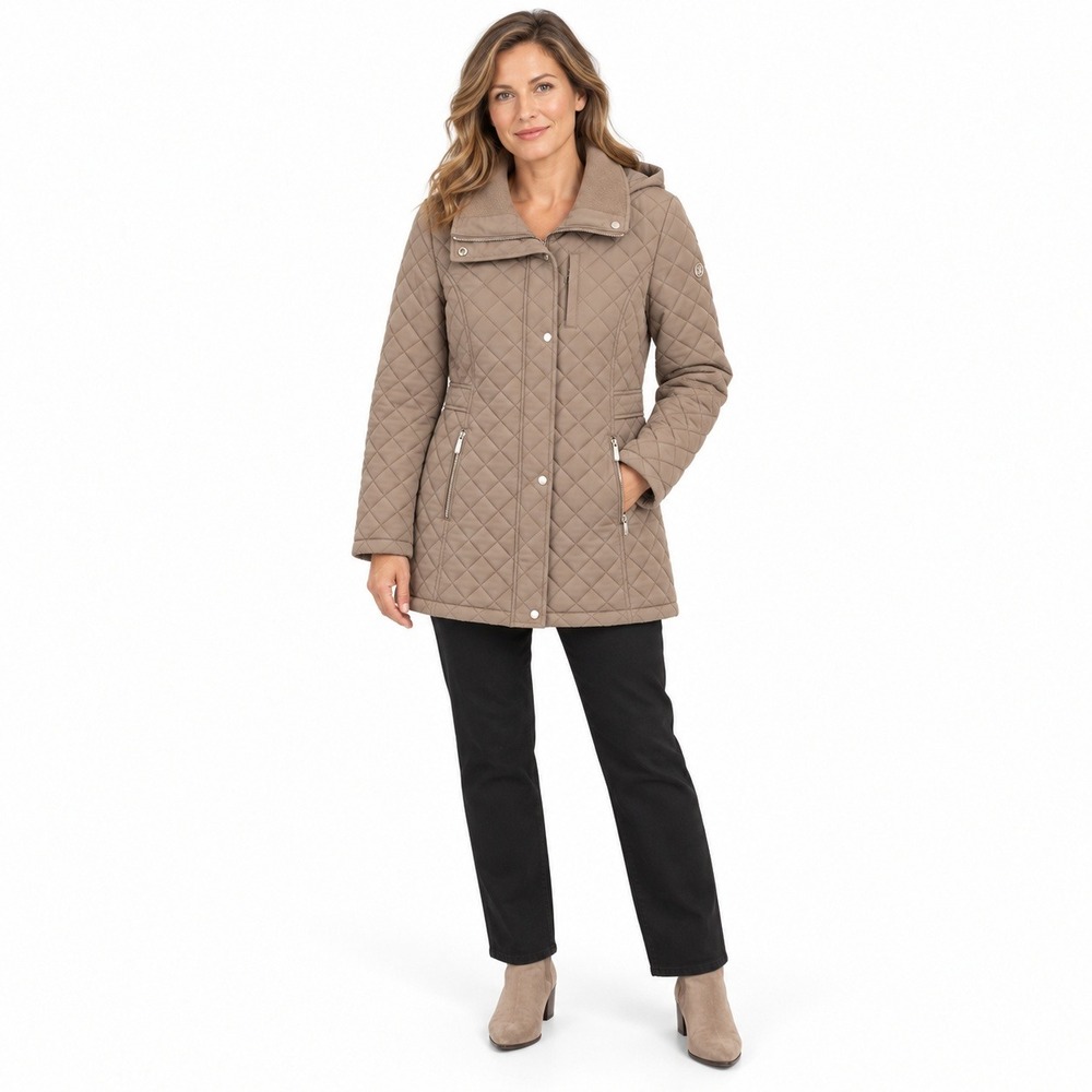 Calvin Klein Women's L Taupe Diamond Quilted Hooded Coat Jacket Quiet Luxury